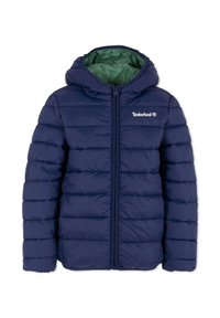 Giubbotto a vento navy con cappuccio, con fodera interna verde, chiusura con zip e motivo a righe orizzontali. Logo Timberland sul petto.
