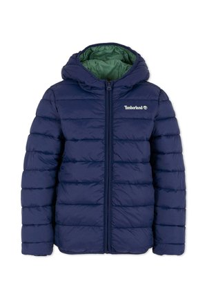 Doudoune marine avec capuche, dotée d'une doublure intérieure verte, fermeture éclair et motif matelassé horizontal. Logo Timberland sur la poitrine.