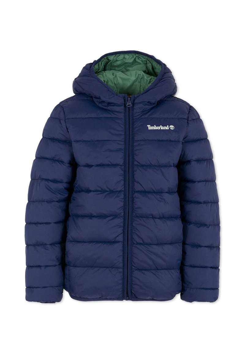 Giubbotto a vento navy con cappuccio, con fodera interna verde, chiusura con zip e motivo a righe orizzontali. Logo Timberland sul petto.