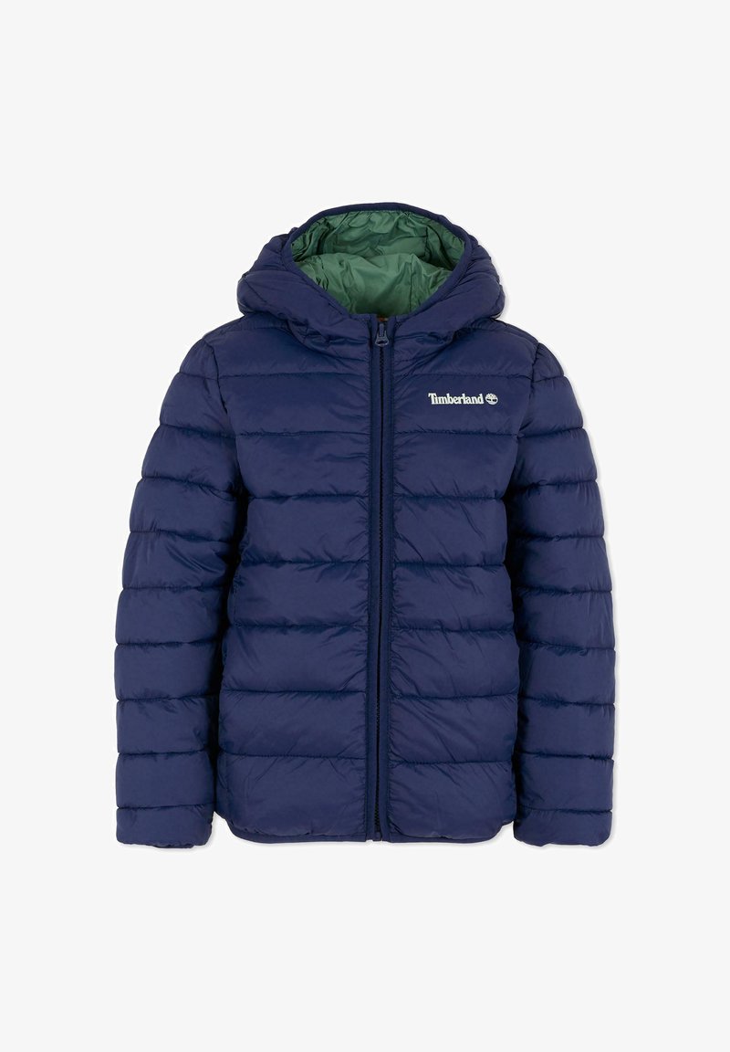 Giubbotto a vento navy con cappuccio, con fodera interna verde, chiusura con zip e motivo a righe orizzontali. Logo Timberland sul petto.