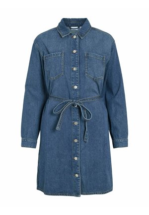 Jeans srajčna obleka v temno modri barvi, spredaj s gumbi, z dvema žepoma na prsih, s pasom, dolgimi rokavi in zaobljenim robom. Teksturirana tkanina.