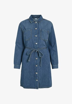 Tamsiai mėlynas džinsinis suknelė, su sagomis priekyje, dviem krūtinės kišenėmis, diržu ant liemens, ilgomis rankovėmis ir apvaliu apdailos kraštu. Tekstūruota medžiaga.