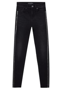 Svarta denim skinny jeans med en slät yta och silverfärgade sidostråk. Har en klassisk femfickdesign och metallknappsstängning.