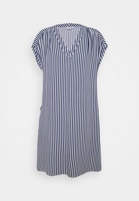 Laivastonsininen ja valkoinen raidoitettu tunika, jossa on V-pääntie, lyhyet hihat ja rento istuvuus, valmistettu kevyestä kankaasta.