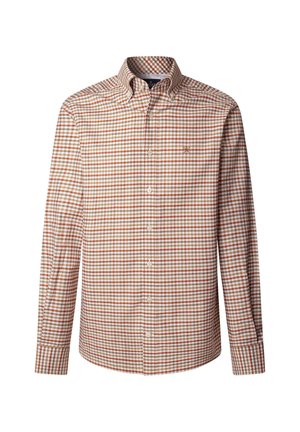 Herren Langarmhemd mit orange, weiß und braun kariertem Muster und Button-Down-Kragen.