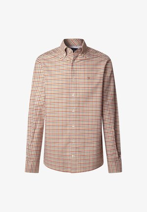 Camicia da uomo a maniche lunghe con motivo a scacchi arancione, bianco e marrone e colletto button-down.