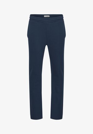 Tumesinised mereväe sportpüksid painduva vöökohtaga, kitsenevate jalgadega, kahe küljetaskuga ja sileda tekstuuriga, mõeldud mugavuseks ja paindlikkuseks.