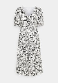 Biała sukienka z dekoltem w serek i krótkimi bufkami, z czarnym wzorem serc i warstwową spódnicą. Miękka tkanina o płynnej konstrukcji.