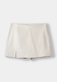 Beige mini-rok met een gladde textuur, voorzien van een enkele voorplooival en een strakke tailleband, gemaakt van lichtgewicht stof.