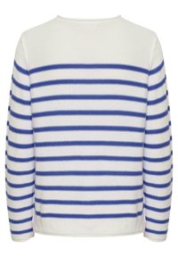 Maglione a maniche lunghe lavorato a maglia con un motivo alternato di strisce orizzontali bianche e blu, con scollatura rotonda e tessuto testurizzato.