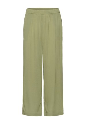 Casual wijde broek in een licht olijfgroen materiaal, met een elastische tailleband en een zachte, textured afwerking.