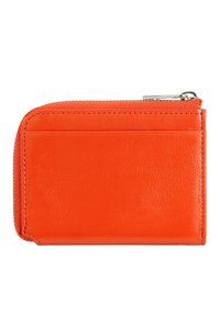 Orange leather wallet with smooth texture, zip closure, and side card slots. Compact rectangular design, minimal stitching detail.