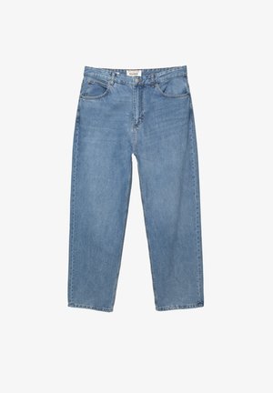 Lysblå denim jeans med lige ben, fem lomme-designet og et synligt mærkeetiket ved taljen.