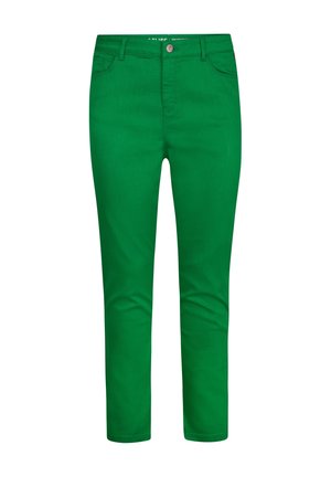 Groene denim jeans met een aansluitend ontwerp, vijf zakken en een knoopsluiting. Zachte textuur met een lichte glans.