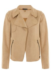 Veste en daim beige avec un large col, un devant ouvert et deux poches zippées sur les côtés. Présente des lignes épurées et une texture lisse.