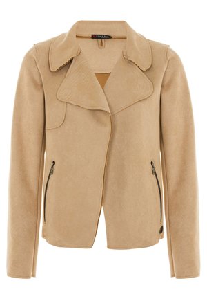 Beige Wildlederjacke mit breitem Kragen, offener Vorderseite und zwei seitlichen Reißverschlusstaschen. Hat klare Linien und eine glatte Textur.