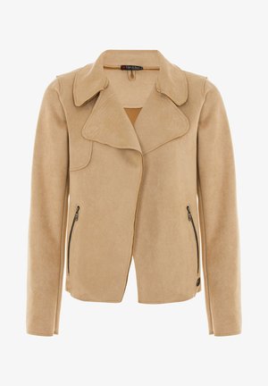 Beige Wildlederjacke mit breitem Kragen, offener Vorderseite und zwei seitlichen Reißverschlusstaschen. Hat klare Linien und eine glatte Textur.