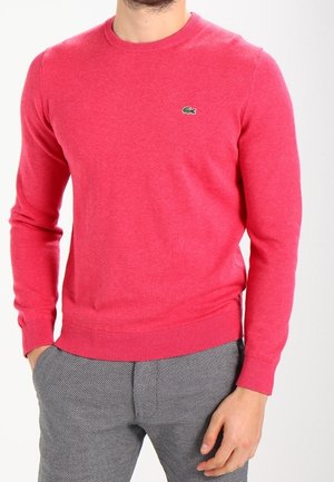 Homme portant un pull rouge vif à manches longues avec un petit logo crocodile vert sur la poitrine et un pantalon gris à motifs.