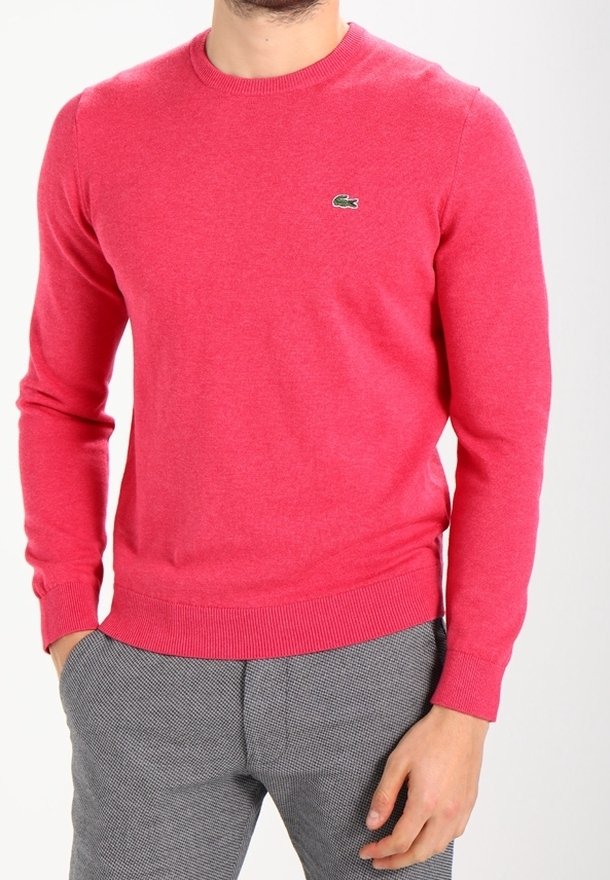 Homme portant un pull rouge vif à manches longues avec un petit logo crocodile vert sur la poitrine et un pantalon gris à motifs.