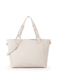 Borsa tote in pelle beige con finitura testurizzata, doppi manici superiori, tracolla regolabile e dettagli in metallo dorato.
