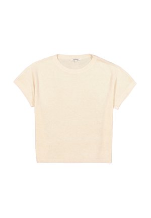 Pull crème à manches courtes avec col rond, fabriqué en tissu doux. Il présente une coupe décontractée et des poignets côtelés aux manches et à l'ourlet.