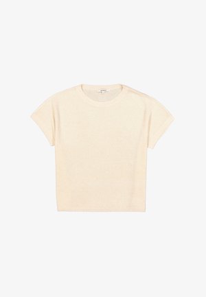 Suéter de manga corta color crema con escote redondo, hecho de tela suave. Presenta un ajuste relajado y puños acanalados en las mangas y el dobladillo.