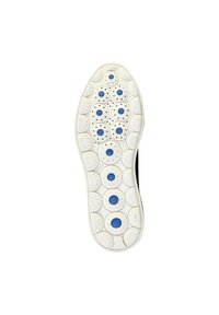Semelle de chaussure avec une base en caoutchouc blanc, dotée d'appointments circulaires et d'accents bleus, conçue pour l'adhérence et le confort. Surface texturée avec des trous d'air.