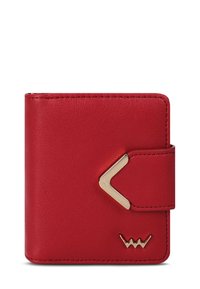 Red leather wallet with a smooth texture, folded design, gold accents, and a distinctive geometric clasp. Features logo detail on the front.