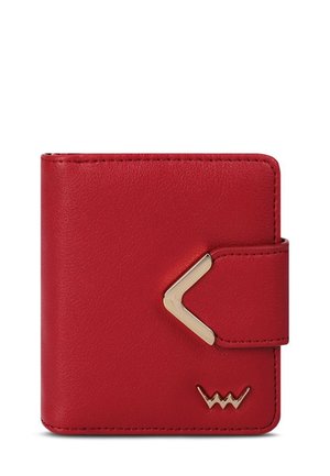 Red leather wallet with a smooth texture, folded design, gold accents, and a distinctive geometric clasp. Features logo detail on the front.