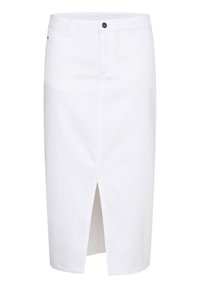 Gonna a matita in denim bianco con spacco frontale, chiusura a bottone e passanti per cintura. Texture liscia, design alla lunghezza del ginocchio, senza motivi visibili.