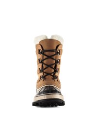 Stivale invernale marrone in pelle con bordo in pelliccia sintetica bianca, punta in gomma nera e design con lacci. Suola spessa e scolpita per una migliore aderenza.