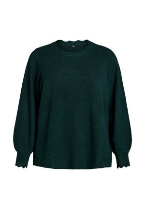 Tmavě zelený oversized svetr s kulatým vroubkovaným výstřihem a nařasenými dlouhými rukávy. Měkká textura a proužkované manžety a lem.