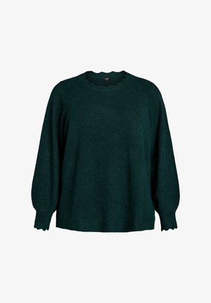 Tmavě zelený oversized svetr s kulatým vroubkovaným výstřihem a nařasenými dlouhými rukávy. Měkká textura a proužkované manžety a lem.