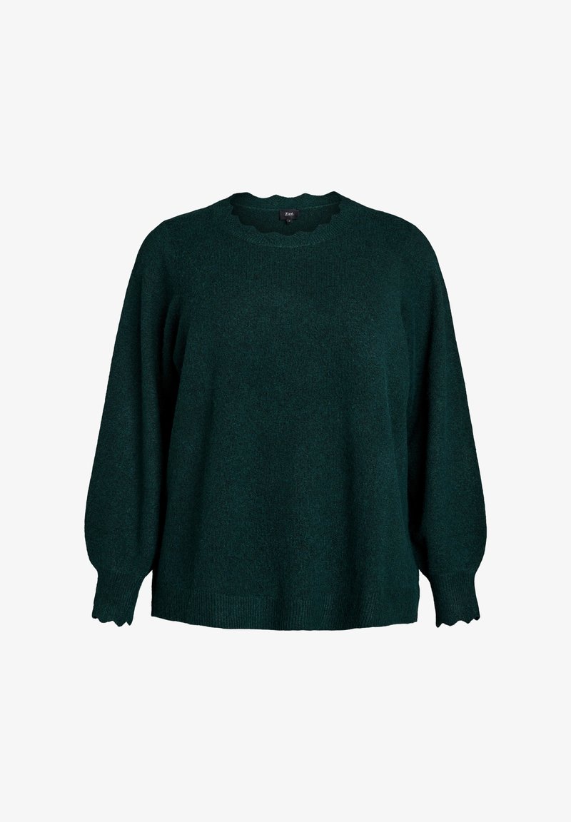 Temno zelena oversized pulover s okroglo valovito ovratnikom in napihnjenimi dolgimi rokavi. Mehak material ter rebrasti manšeti in spodnji rob.