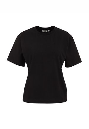 Mustan puuvillan t-paita, jossa on lyhyet hihat, pyöreä kaula-aukko, rento leikkaus ja sileä pinta. Ei näkyviä kuvioita tai koristeita.