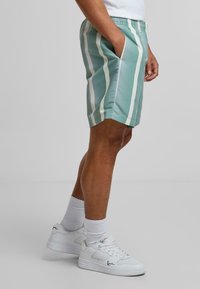 Lyse teal shorts med hvite vertikale striper, elastisk midje og sidelommer; brukt med hvite joggesko og ribbet hvite sokker.