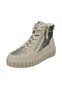 Beige High-Top-Sneaker mit metallischen Silberakzenten, strukturiertem Gummisohle, weichem Futter und seitlichem Reißverschluss für einen einfachen Zugang.