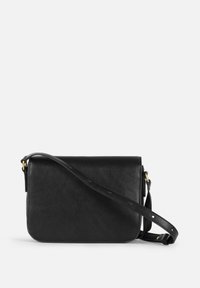Borsa a tracolla in pelle nera con texture liscia, forma rettangolare, tracolla regolabile e dettagli in hardware dorato.