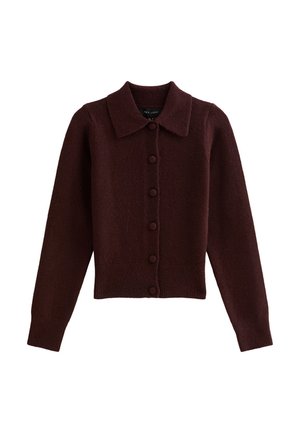 Bordeaux cardigan met een kraag, knopen aan de voorkant, lange mouwen en geribbelde zoom. Gemaakt van zachte, textuurrijke stof.