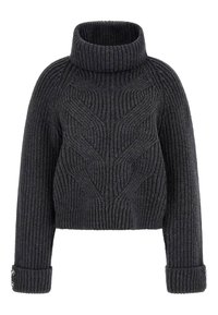 Pull en maille côtelée gris foncé à col roulé avec un design court, arborant des motifs de vagues texturés et des poignets à boutons.