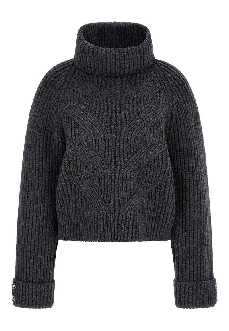 Pull en maille côtelée gris foncé à col roulé avec un design court, arborant des motifs de vagues texturés et des poignets à boutons.