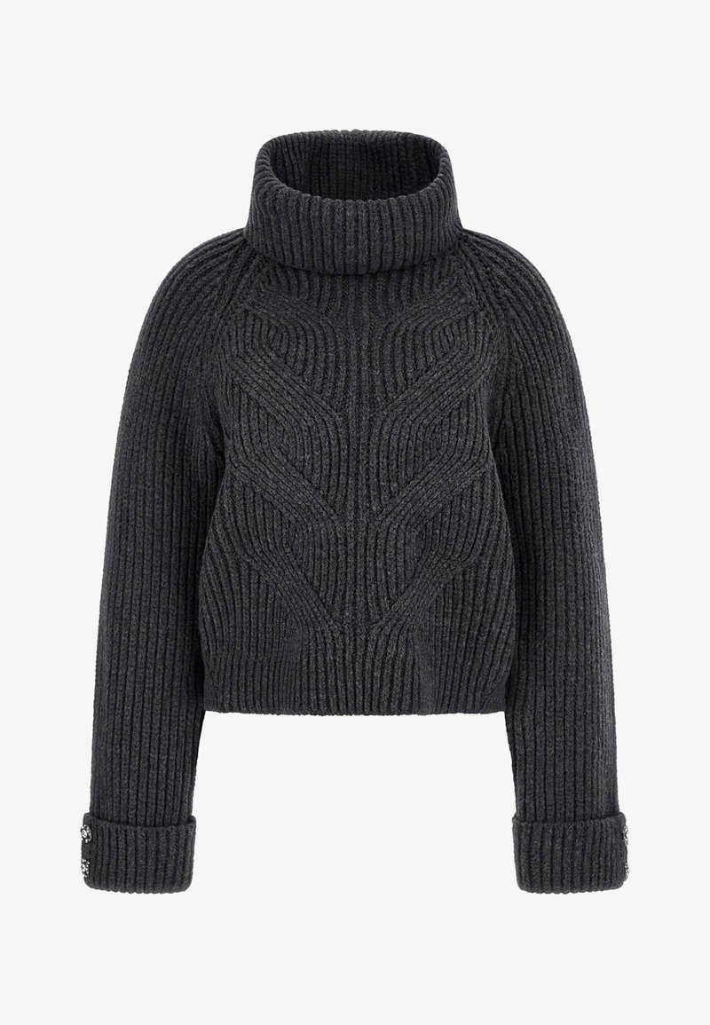 Dunkelgrauer gerippter Rollkragenpullover mit einem gekürzten Design, das strukturierte Wellenmuster und geknöpfte Manschetten aufweist.