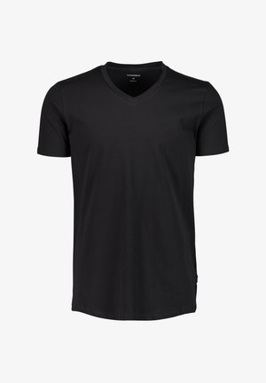 Zwarte korte mouwen V-hals T-shirt van zacht katoen. Het heeft een standaard pasvorm en een eenvoudig ontwerp zonder zichtbare patronen of accenten.