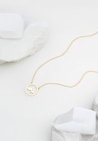 Guld halskæde med en rund vedhæng, der har en bjergsilhuet, hængende fra en fin kæde. Glat tekstur og enkelt design.