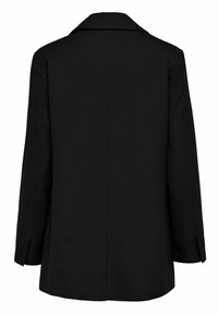 Blazer nero con ampio revers, maniche lunghe e taglio dritto. Presenta un design minimalista e un tessuto liscio e texturizzato.