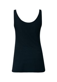 Černý bezrukávový tričko vyrobené z měkké, lehké tkaniny. Má kulatý výstřih a rovný lem, s jednoduchou, hladkou strukturou.