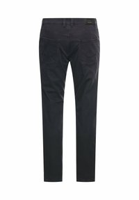Zwarte denim broek met een rechte snit, uitgerust met twee achterzakken en subtiele stikdetails. Ontworpen voor een getailleerde pasvorm.