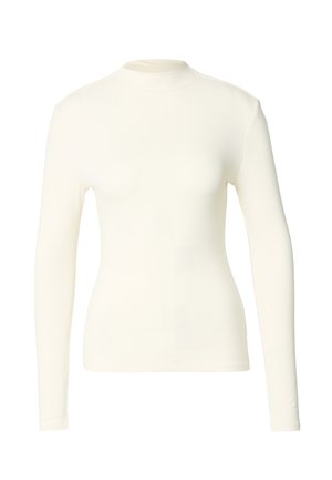 Långärmad topp i mjukt krämfärgat tyg med hög krage och figurnära passform. Slät yta, minimal detaljering och inga synliga stängningar.