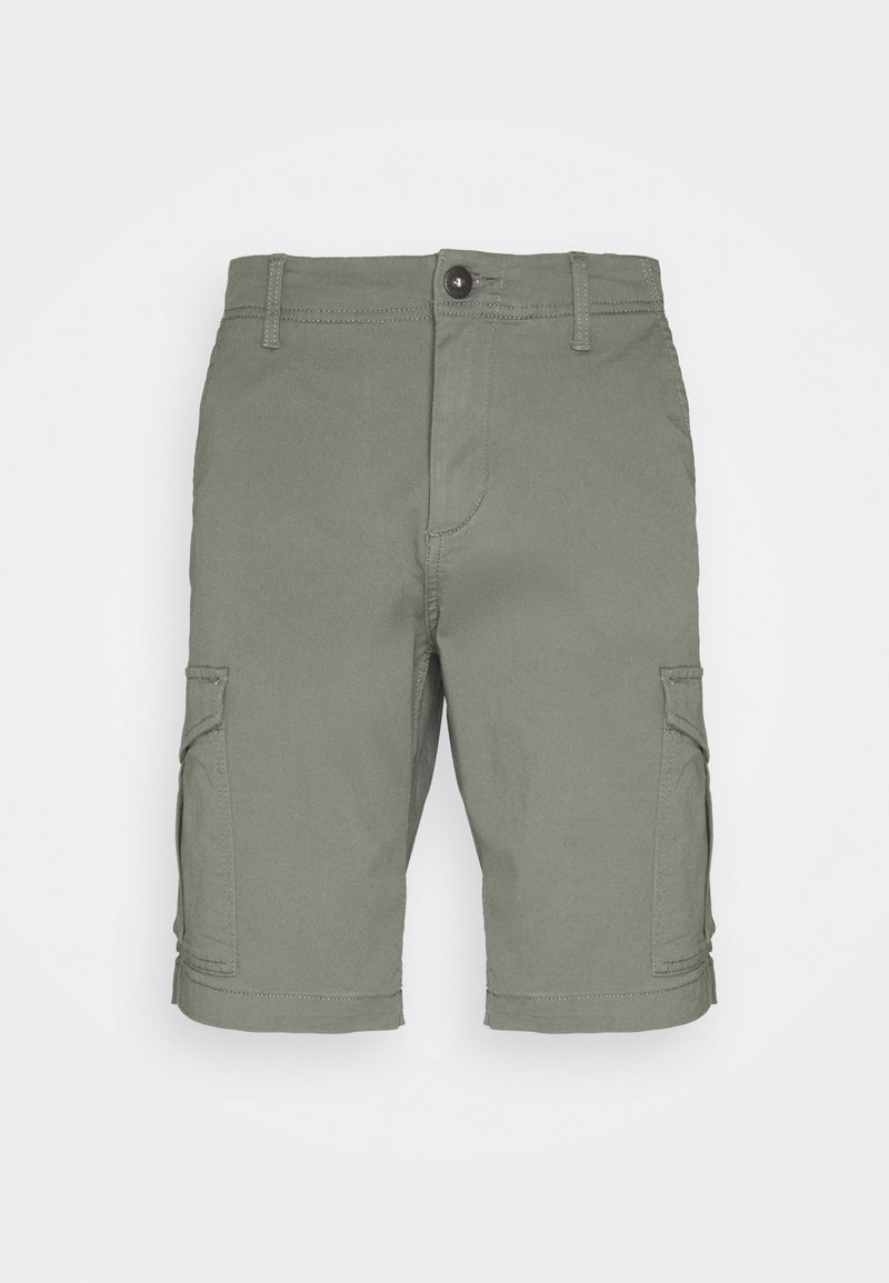 Olivově zelené cargo šortky vyrobené z bavlněné směsi, s dvěma bočními kapsami, zapínáním na knoflík a poutky na opasek. Hladká textura.