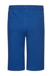 Blauwe katoenen shorts met een elastische tailleband, met een gladde textuur en een knielange snit. Geen zichtbare patronen of accenten.